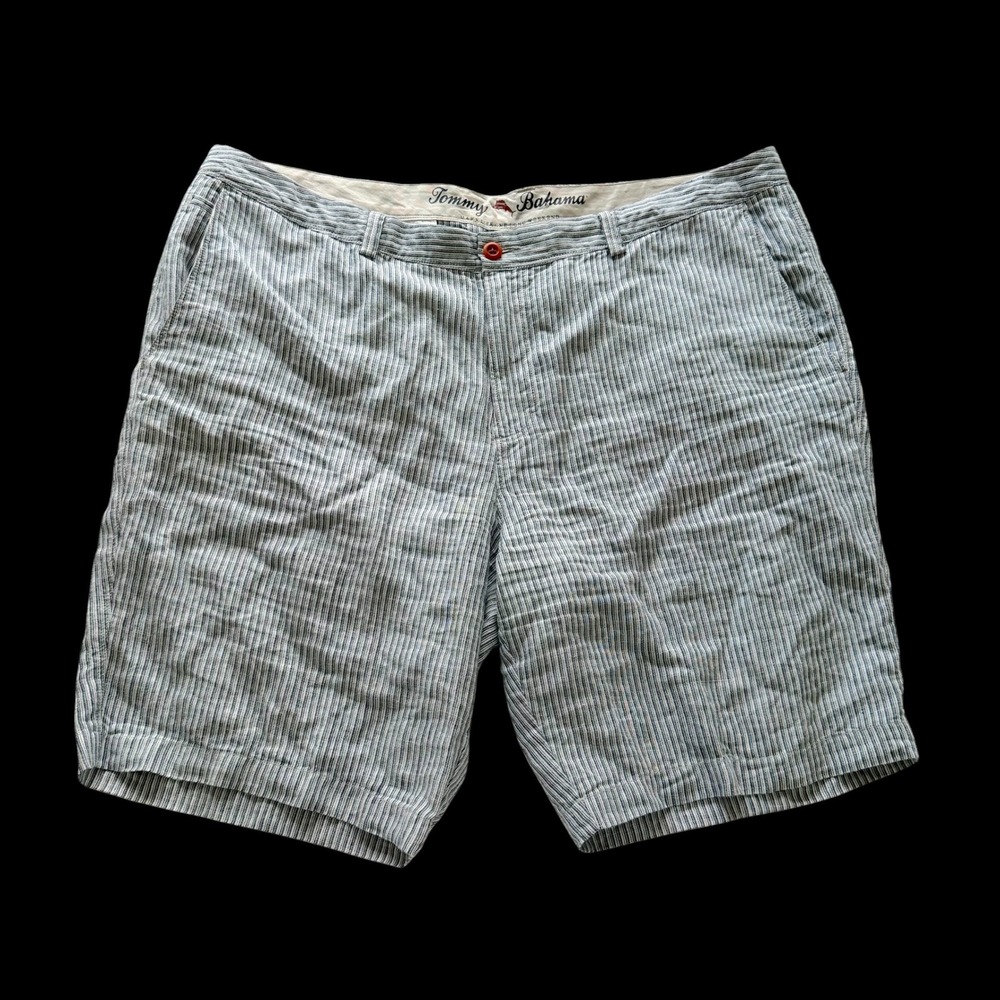 Tommy Bahama 42 Blue White Striped 100% Linen Flat Front Casual Shorts